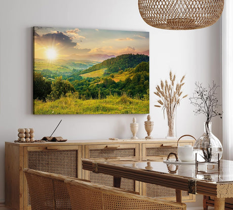 Paul Sinus Wandbild 120x80cm Hügellandschaft Sonnenuntergang Berge Grün Wiesen