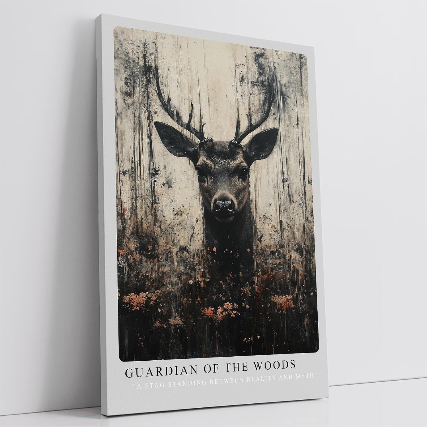 Paul Sinus Leinwandbild 60x90cm mystisches Hirschporträt mit dunkler Waldfantasie, ausdrucksstarke Wandkunst in erdigen Tönen