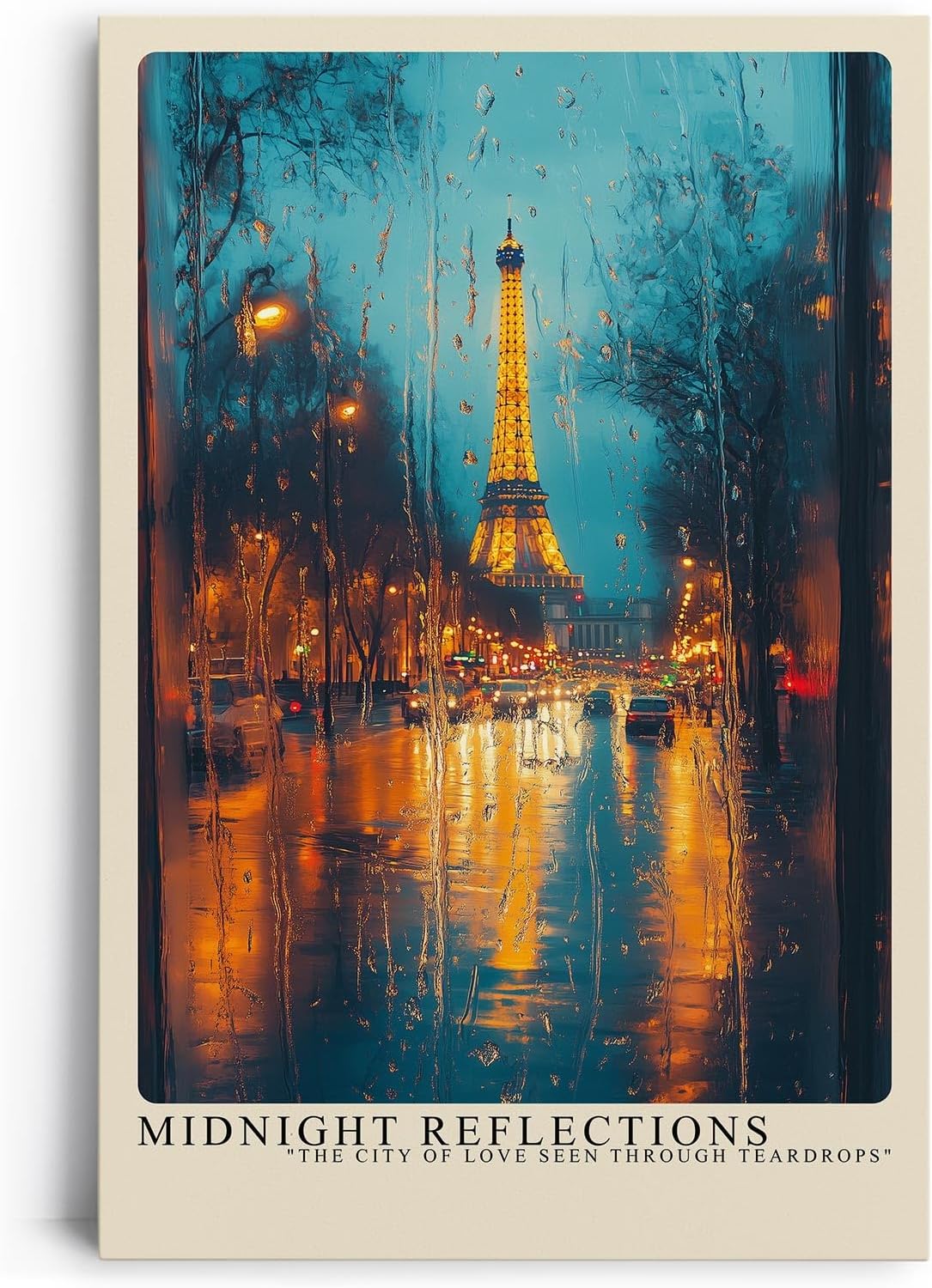 Paul Sinus Leinwandbild 80x120cm Mitternächtliche Reflexionen – Stimmungsvolle Stadtansicht von Paris mit Eiffelturm und regennassen Lichtern