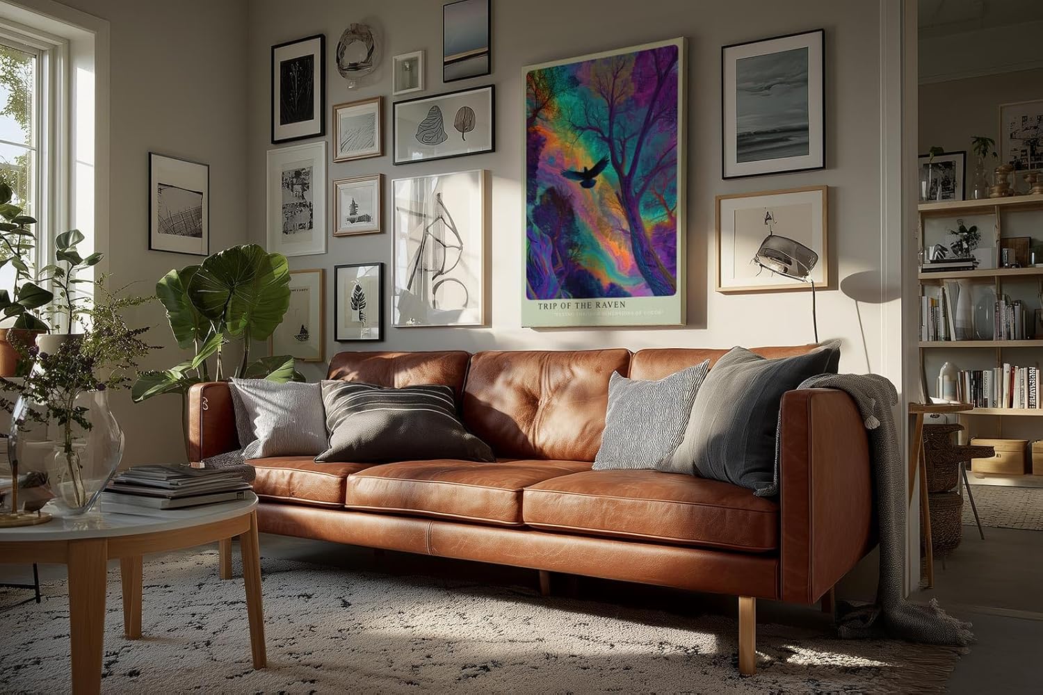Paul Sinus Wandbild in 40x60cm Mystischer Rabe im farbintensiven Wald – surreales Kunstwerk mit leuchtenden Regenbogenfarben