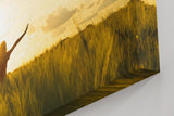 Sinus Art Wandbild 120x80cm Stimmungsvolle Silhouette einer Frau mit erhobenen Armen in einem goldenen Weizenfeld