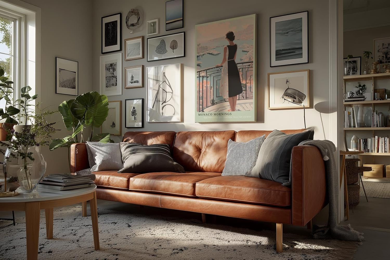 Paul Sinus Wandbild in 40x60cm Monaco Mornings – Elegantes Porträt einer Frau auf einem Balkon mit Blick auf den Hafen von Monaco, moderne Bilder in warmen Pastelltönen