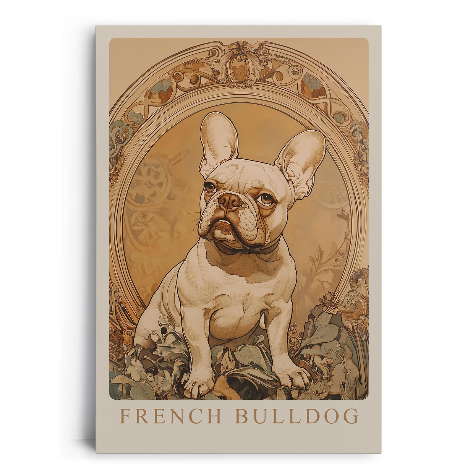 Paul Sinus Leinwandbild 40x60cm French Bulldog – Edles Leinwandbild einer französischen Bulldogge in kunstvollem Jugendstil-Rahmen, warmes Vintage-Design