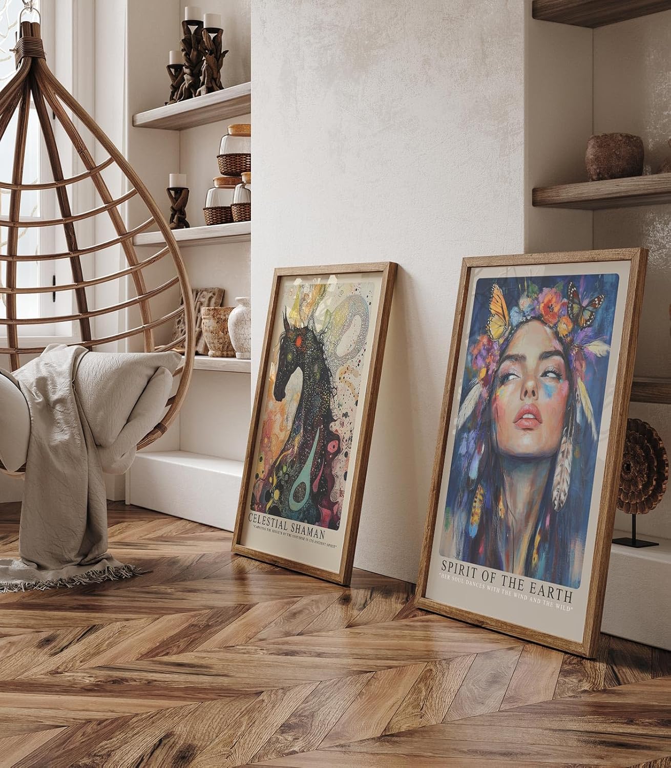 Paul Sinus Leinwandbild 40x60cm Geist der Erde – Ausdrucksstarkes Porträt mit Blumen, Schmetterlingen und federleichtem Boho-Stil