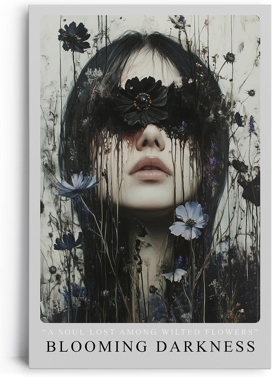 Paul Sinus Leinwandbild 80x120cm Blooming Darkness geheimnisvolles Porträt dunkle Ästhetik melancholisch surreal verträumt Blüten und Schatten