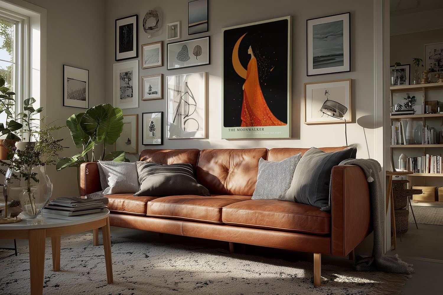 Paul Sinus Wandbild in 40x60cm The Moonwalker Illustration einer Frau im orangefarbenen Kleid vor Mondsichel mit eleganter, verträumter Ausstrahlung