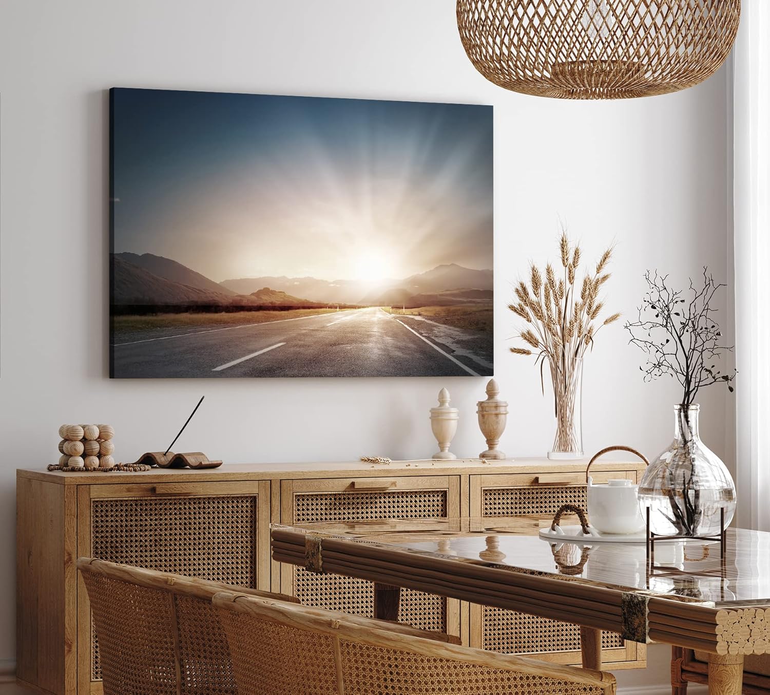 Paul Sinus Wandbild 120x80cm Straße Sonnenuntergang Berge Landschaft Sonnenstrahlen