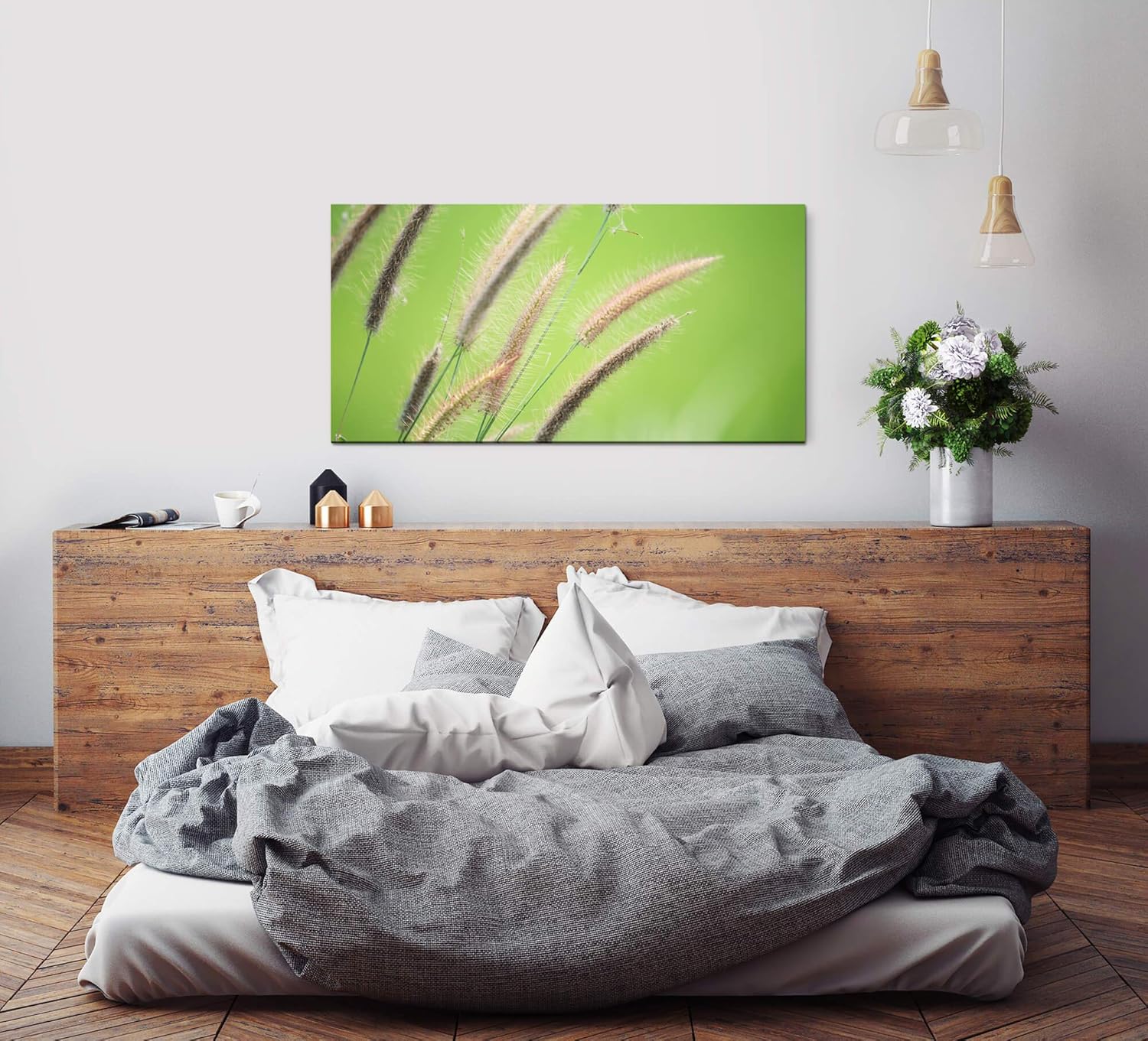 Grashalm ca. 130x70cm Wandbild inklusive Schattenfugenrahmen weiss - Panorama Leinwand Bild XXL Format Wandbilder Wohnzimmer Wohnung Deko Kunstdrucke