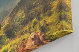 Sinus Art Wandbild 120x80cm Mächtiger Vulkan in weiter Gebirgslandschaft mit grünen Hügeln und aufgehender Sonne