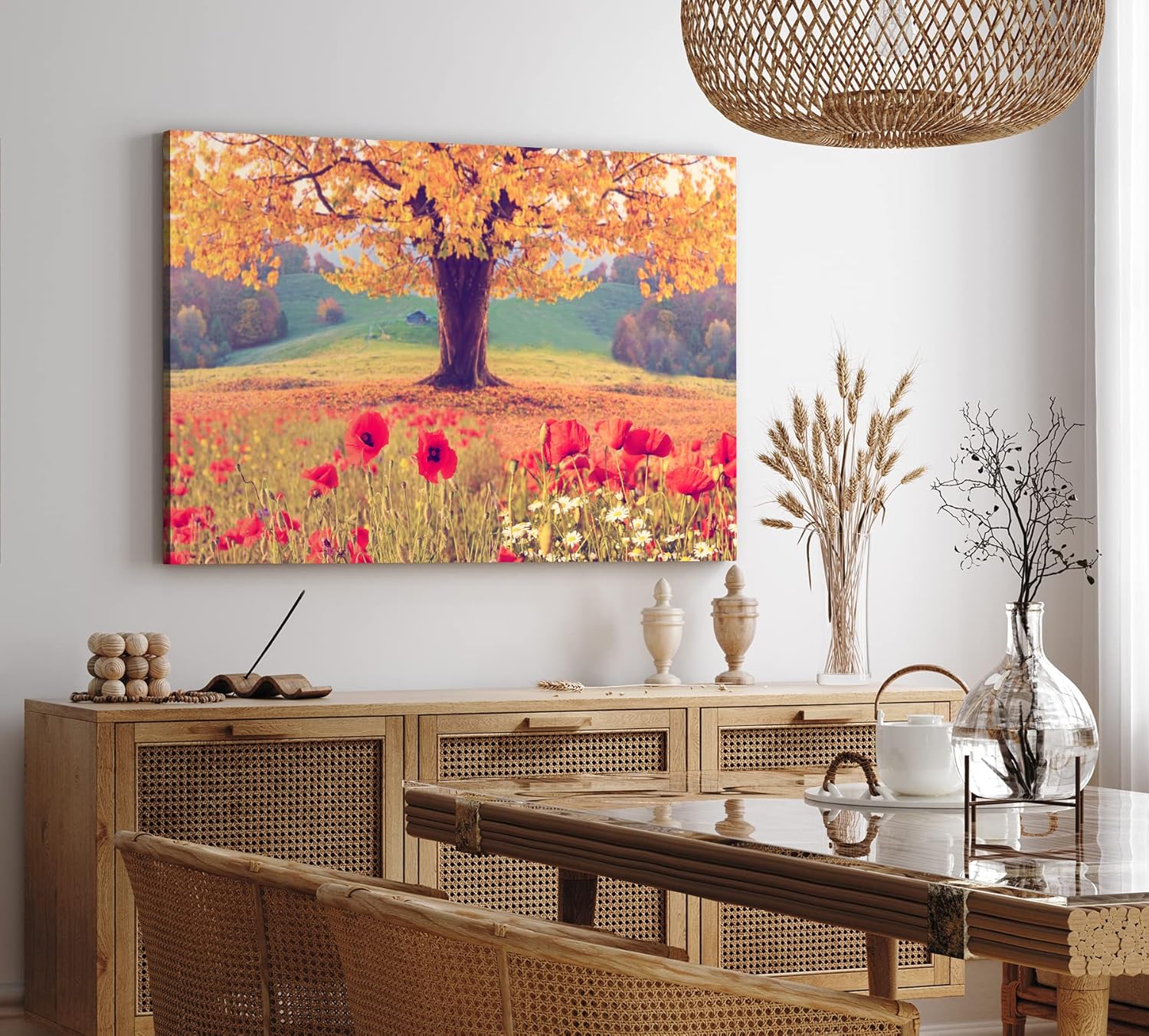 Wandbild 120x80cm Baum Eiche Rote Blumen Blüten Sommer Natur Wildblumen