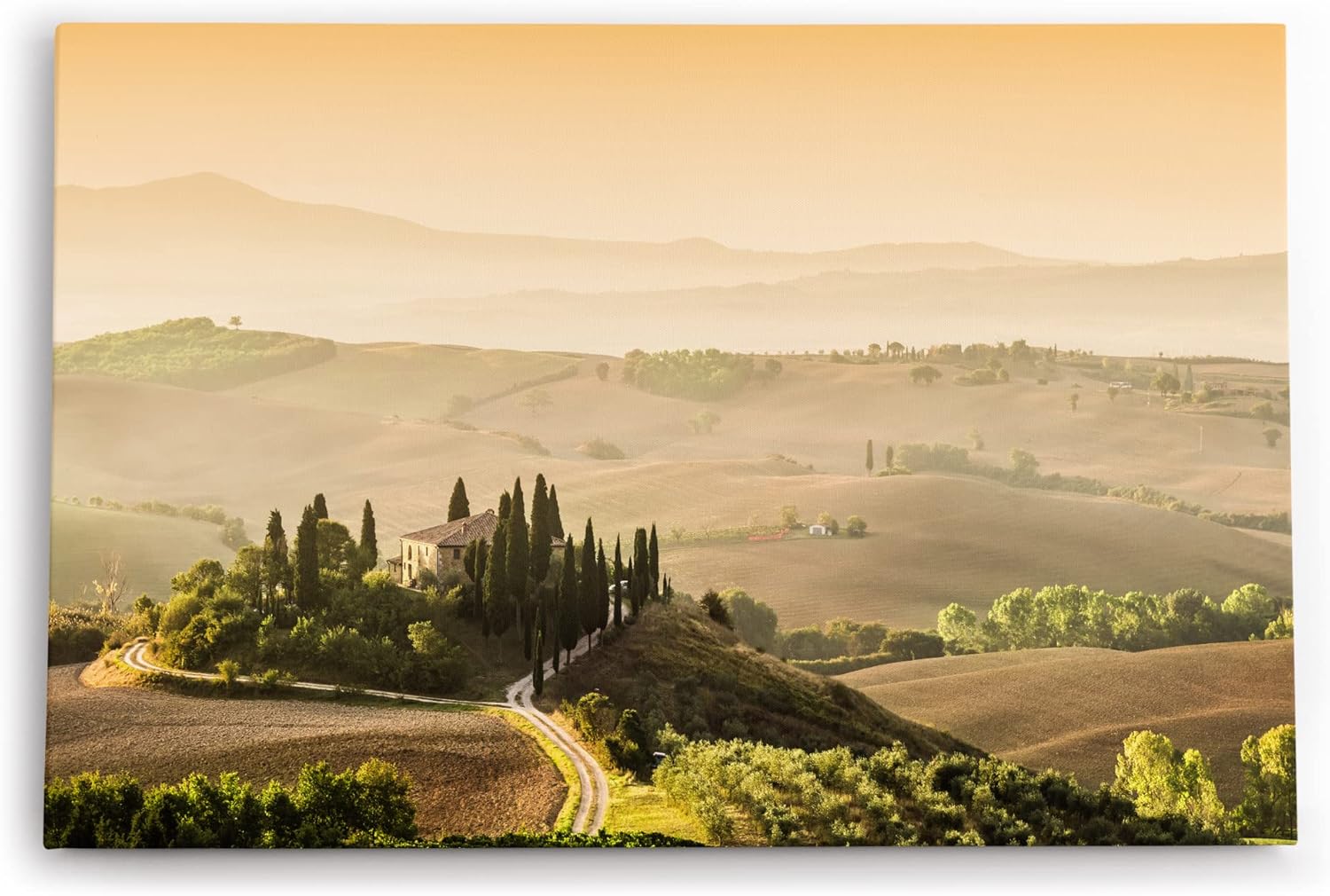 Paul Sinus Wandbild 120x80cm Toskana Landschaft Italien Finca Morgentau Grün