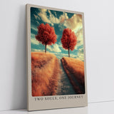 Paul Sinus Leinwandbild 80x120cm Zwei Seelen, eine Reise – Symbolische Landschaft mit goldenem Weg, herbstlichen Bäumen und traumhafter Stimmung