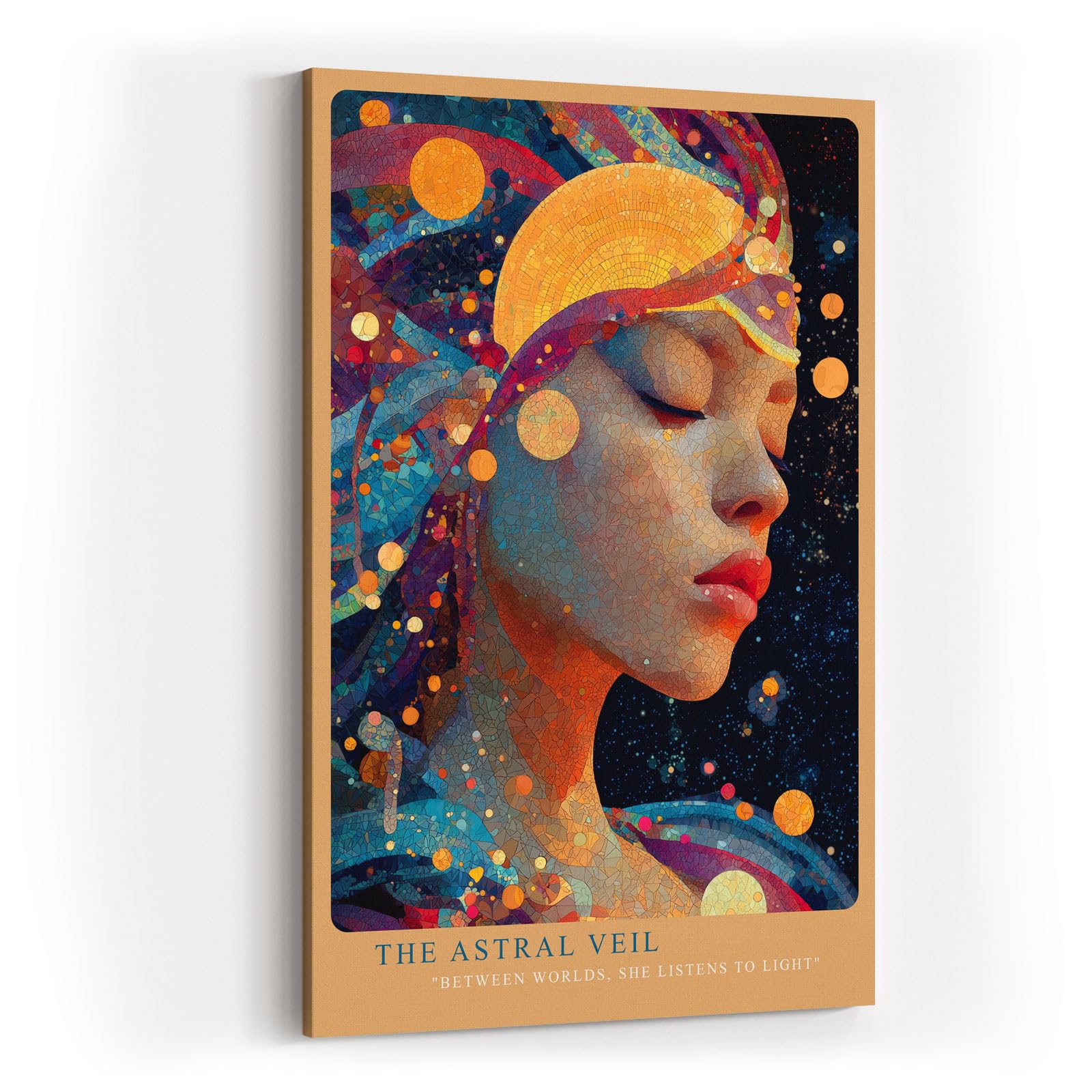 Paul Sinus Wandbild in 40x60cm The Astral Veil Künstlerisches Frauenporträt mit kosmischen Elementen und goldenen Akzenten für mystische Raumgestaltung