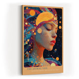 Paul Sinus Wandbild in 40x60cm The Astral Veil Künstlerisches Frauenporträt mit kosmischen Elementen und goldenen Akzenten für mystische Raumgestaltung