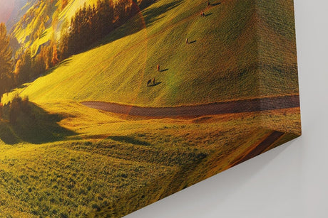Sinus Art Wandbild 120x80cm Grüne Hügel unter strahlender Sonne mit leuchtenden Bäumen und weiter Perspektive