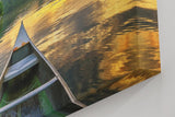 Sinus Art Wandbild 120x80cm Faszinierender Blick vom Boot über den See mit goldener Himmelsreflexion