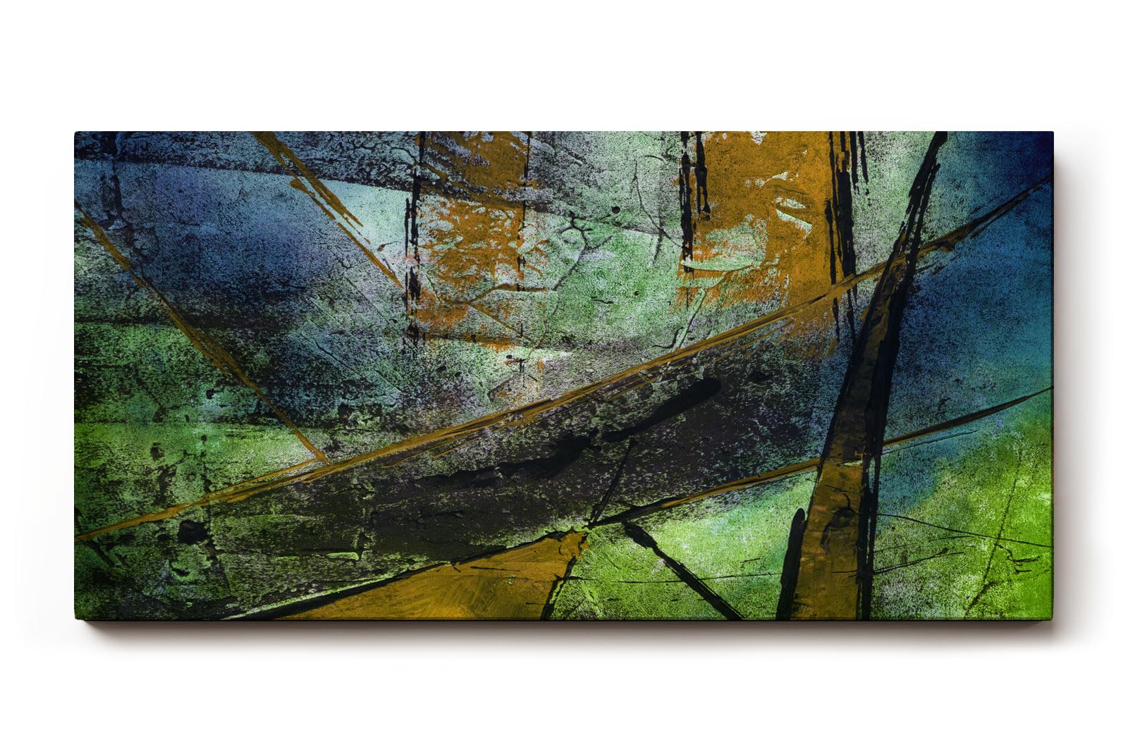 Sinus Art Wandbild 120x80cm Schräge Linien und Flächen in Blau, Grün, Ocker und Schwarz mit Texturwirkung