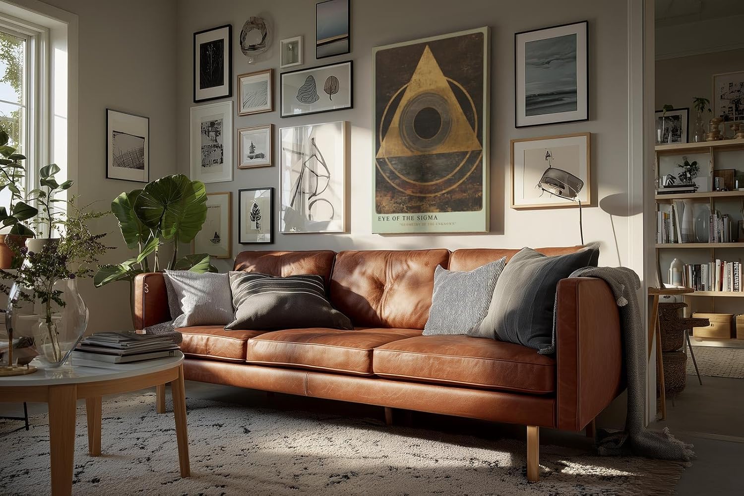 Paul Sinus Wandbild in 40x60cm Eye of the Sigma – Abstrakte geometrische Komposition mit goldenem Dreieck und zentralem Kreis auf dunkler Strukturfläche