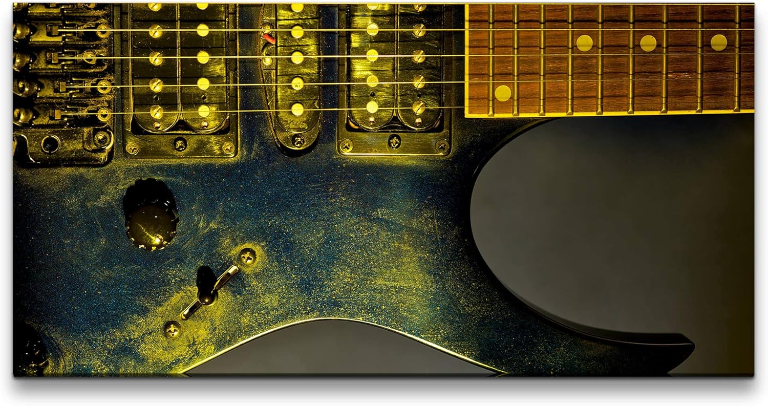 Gitarre in schwarz ca. 130x70cm Wandbild inklusive Schattenfugenrahmen weiss - Panorama Leinwand Bild XXL Format Wandbilder Wohnzimmer Wohnung Deko Kunstdrucke