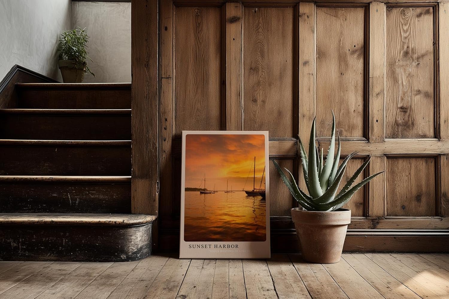 Paul Sinus Kunstdruck 40x60cm Sunset Harbor – Segelboote bei Sonnenuntergang im goldenen Abendlicht auf ruhigem Wasser