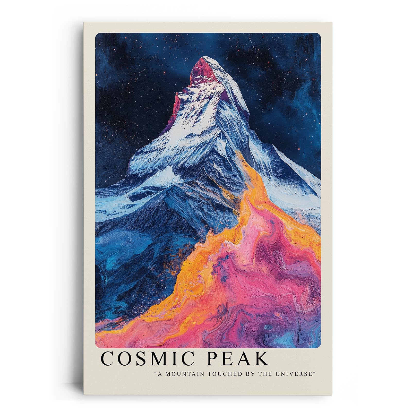 Paul Sinus Leinwandbild 40x60cm Leinwandbild Cosmic Peak – Faszinierende Darstellung eines Berggipfels mit kosmischen Farben, surrealer Naturkunst