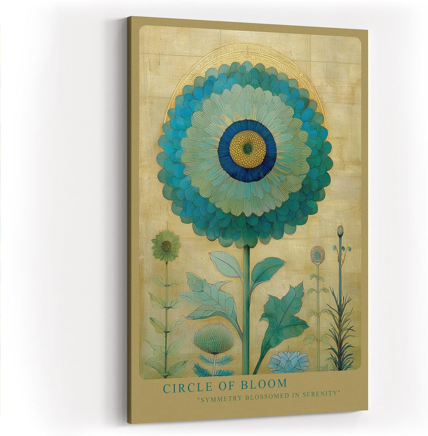 Paul Sinus Wandbild in 40x60cm Circle of Bloom stilisierte Blume in Blauund Grüntönen mit Goldhintergrund elegante Naturkunst auf Leinwand