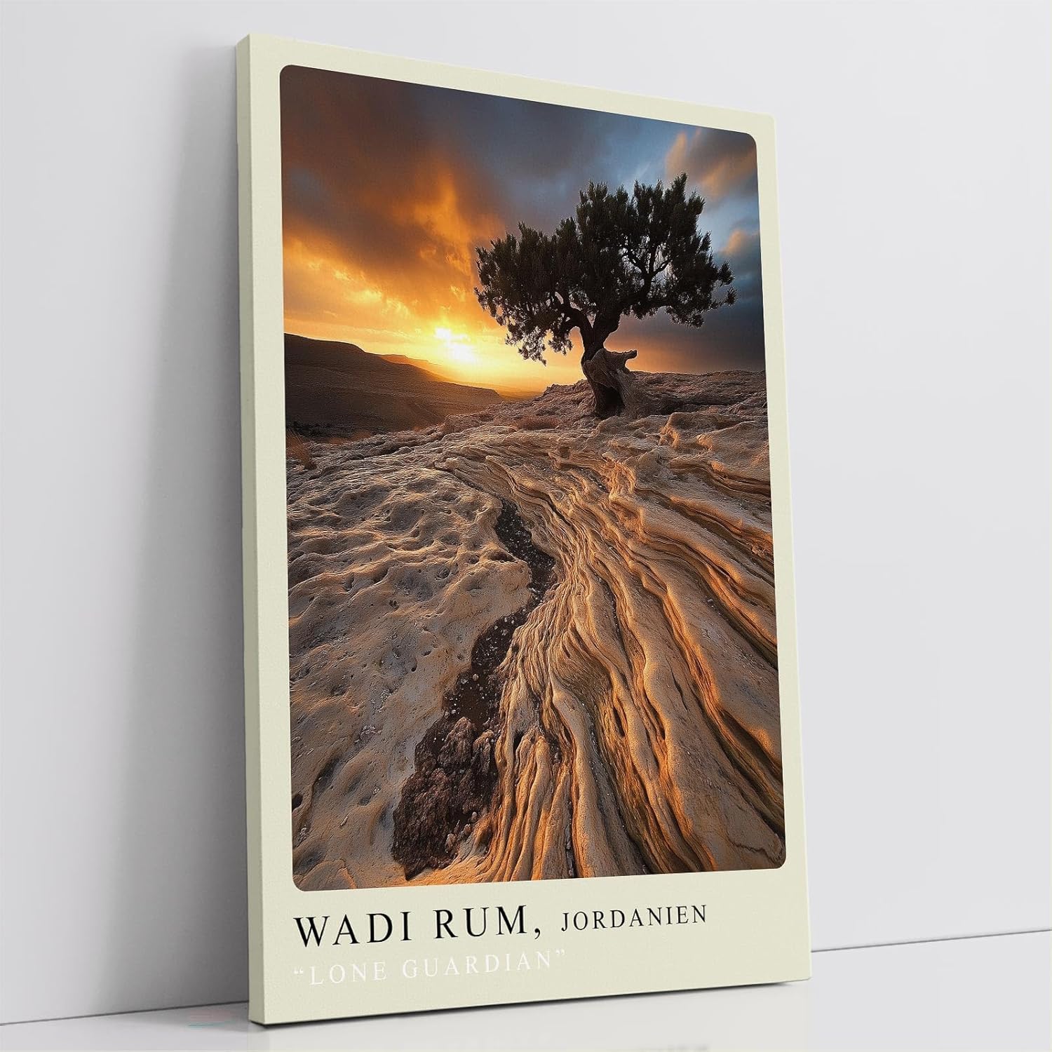 Paul Sinus Leinwandbild 80x120cm Wadi Rum Einsamer Wächter – Mystische Wüstenlandschaft mit Baum und dramatischem Sonnenuntergang in Jordanien, Natur