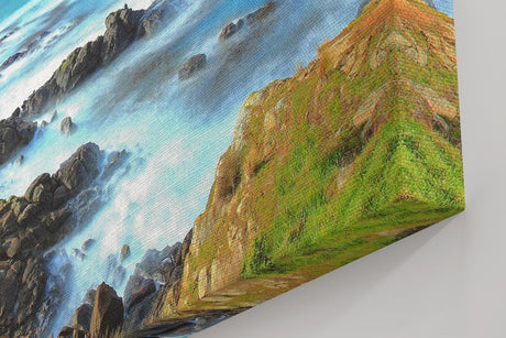 Sinus Art Wandbild 120x80cm Felsige Küste trifft auf türkisfarbenes Meer unter dramatischem Himmel
