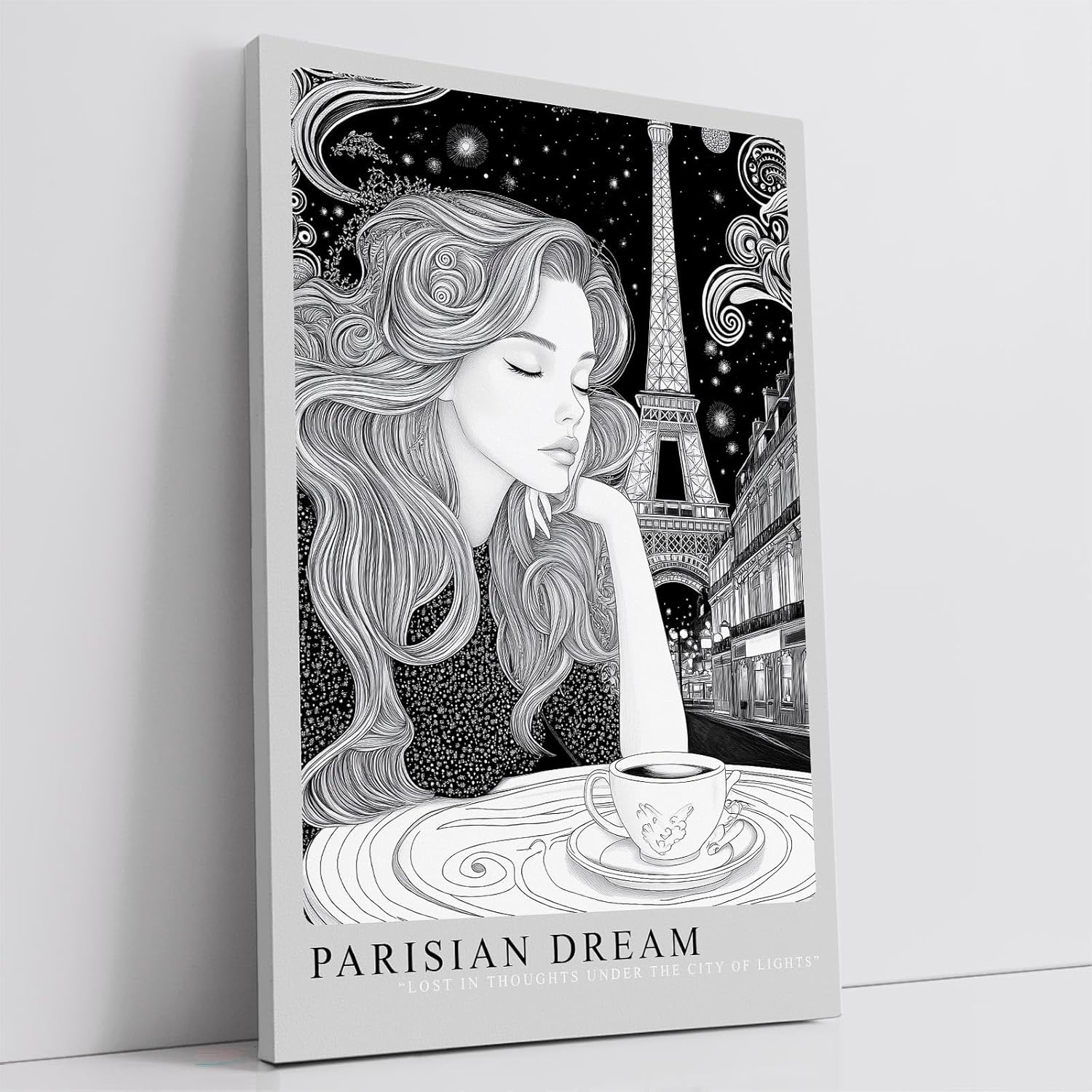 Paul Sinus Leinwandbild 40x60cm Parisian Dream verträumte Frau mit Eiffelturm stilvoll elegant romantisch schwarz-weiß Illustration Paris