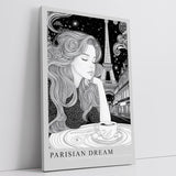 Paul Sinus Leinwandbild 40x60cm Parisian Dream verträumte Frau mit Eiffelturm stilvoll elegant romantisch schwarz-weiß Illustration Paris