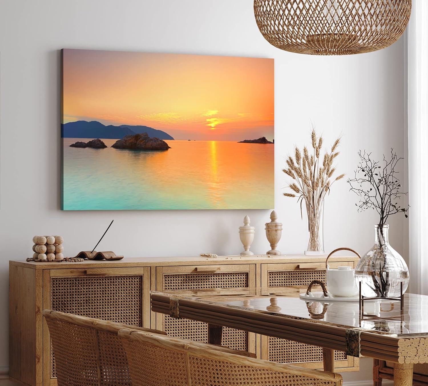 Paul Sinus Wandbild 120x80cm Thailand Meer Sonnenuntergang Berge Felsen roter Himmel
