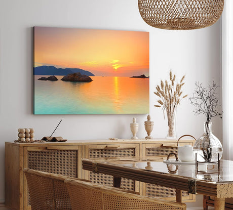 Paul Sinus Wandbild 120x80cm Thailand Meer Sonnenuntergang Berge Felsen roter Himmel