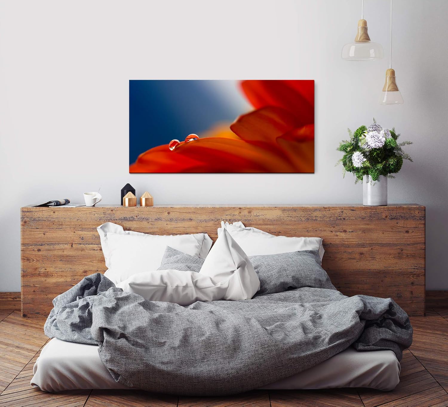 rote Blumen ca. 130x70cm Wandbild inklusive Schattenfugenrahmen weiss - Panorama Leinwand Bild XXL Format Wandbilder Wohnzimmer Wohnung Deko Kunstdrucke