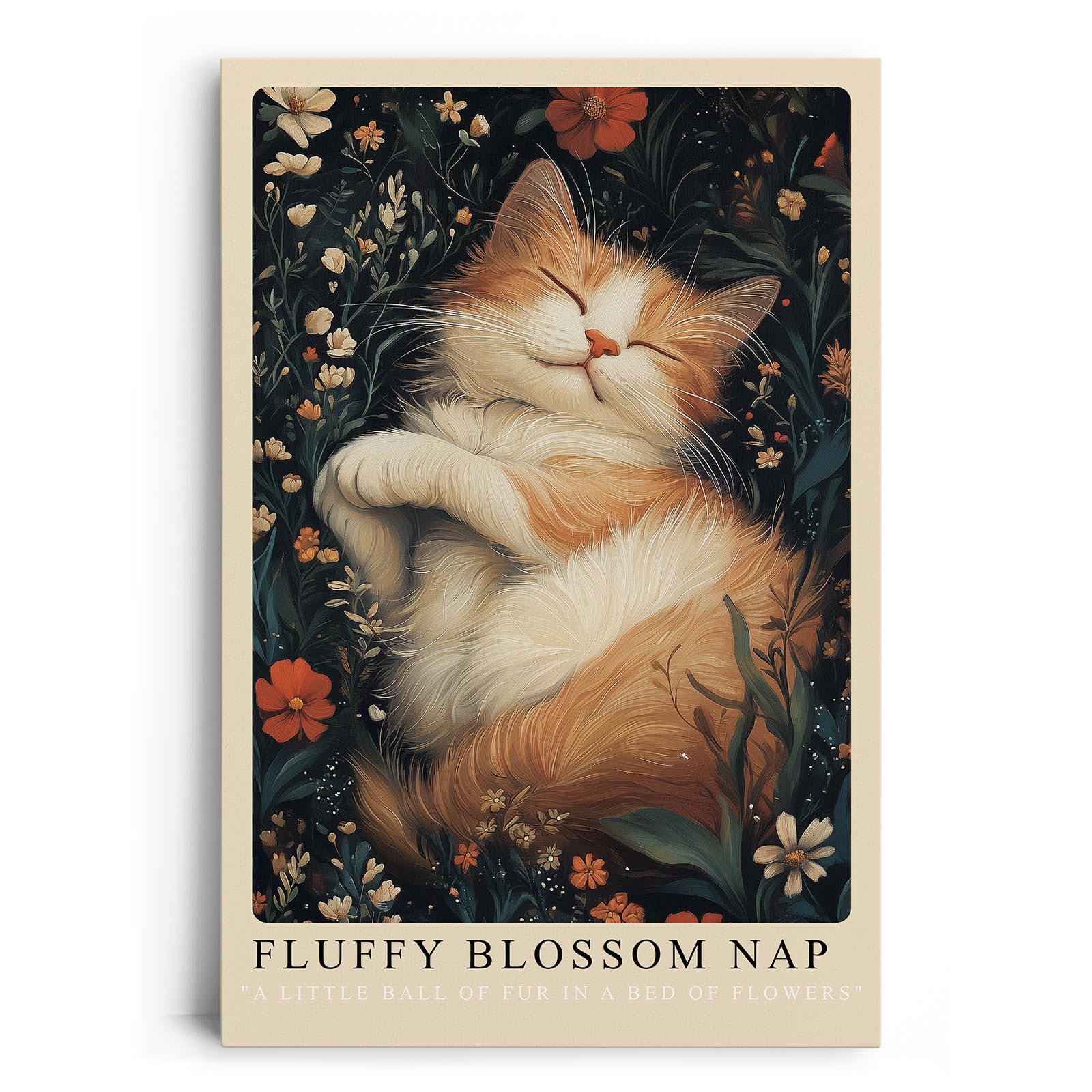 Paul Sinus Leinwandbild 80x120cm verträumtes Kunstwerk einer schlafenden Katze inmitten blühender Blumen, harmonische Naturillustration