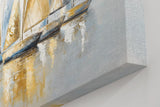 Sinus Art Wandbild 120x80cm Dynamisches Motiv mit sieben Segelbooten in Blau und Goldtönen – stilvoll und maritim zugleich