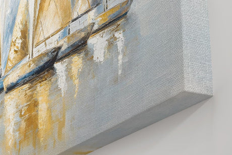 Sinus Art Wandbild 120x80cm Dynamisches Motiv mit sieben Segelbooten in Blau und Goldtönen – stilvoll und maritim zugleich