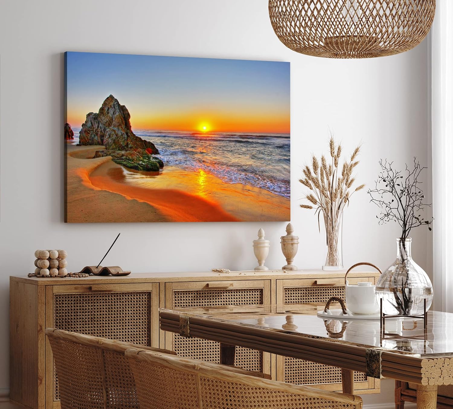 Paul Sinus Wandbild 120x80cm Sonnenuntergang Abendröte Fels Strand Meer Horizont Romantisch