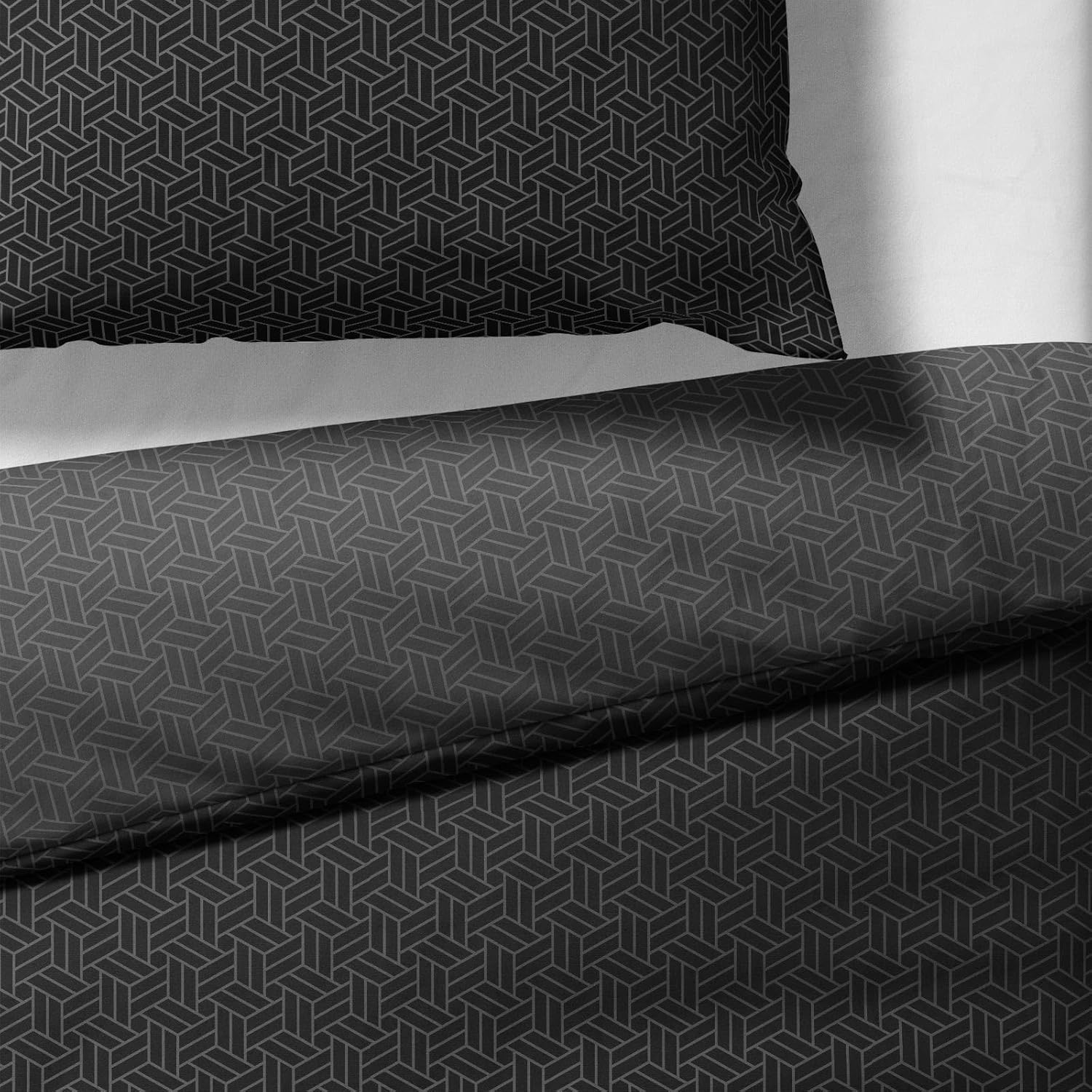 Sinus Art Bettwäsche 135x200 cm + 80x80 cm – Elegante Wendebettwäsche in Dunkelgrau & Schwarz mit feinem geometrischen Muster – atmungsaktiv, pflegeleicht, mit Reißverschluss