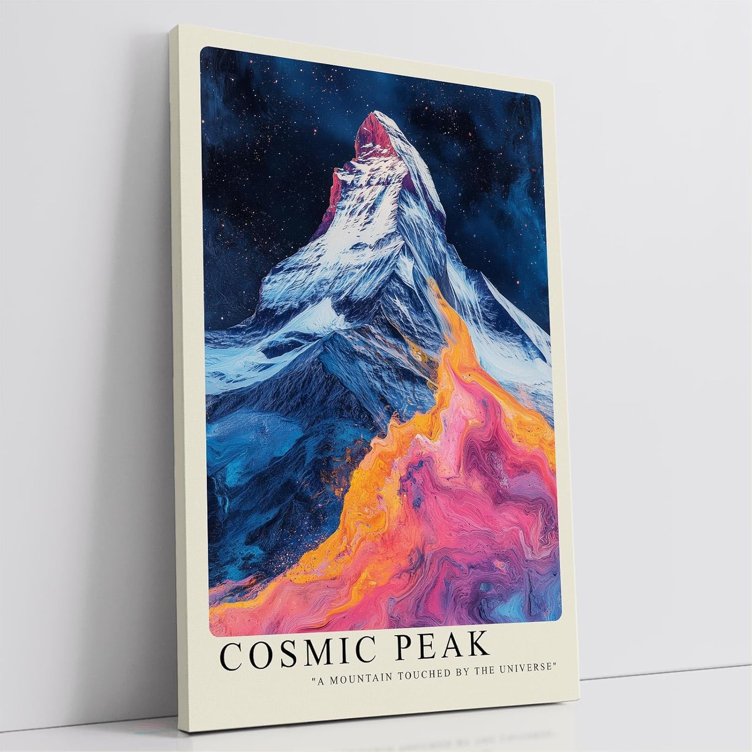 Paul Sinus Leinwandbild 40x60cm Leinwandbild Cosmic Peak – Faszinierende Darstellung eines Berggipfels mit kosmischen Farben, surrealer Naturkunst
