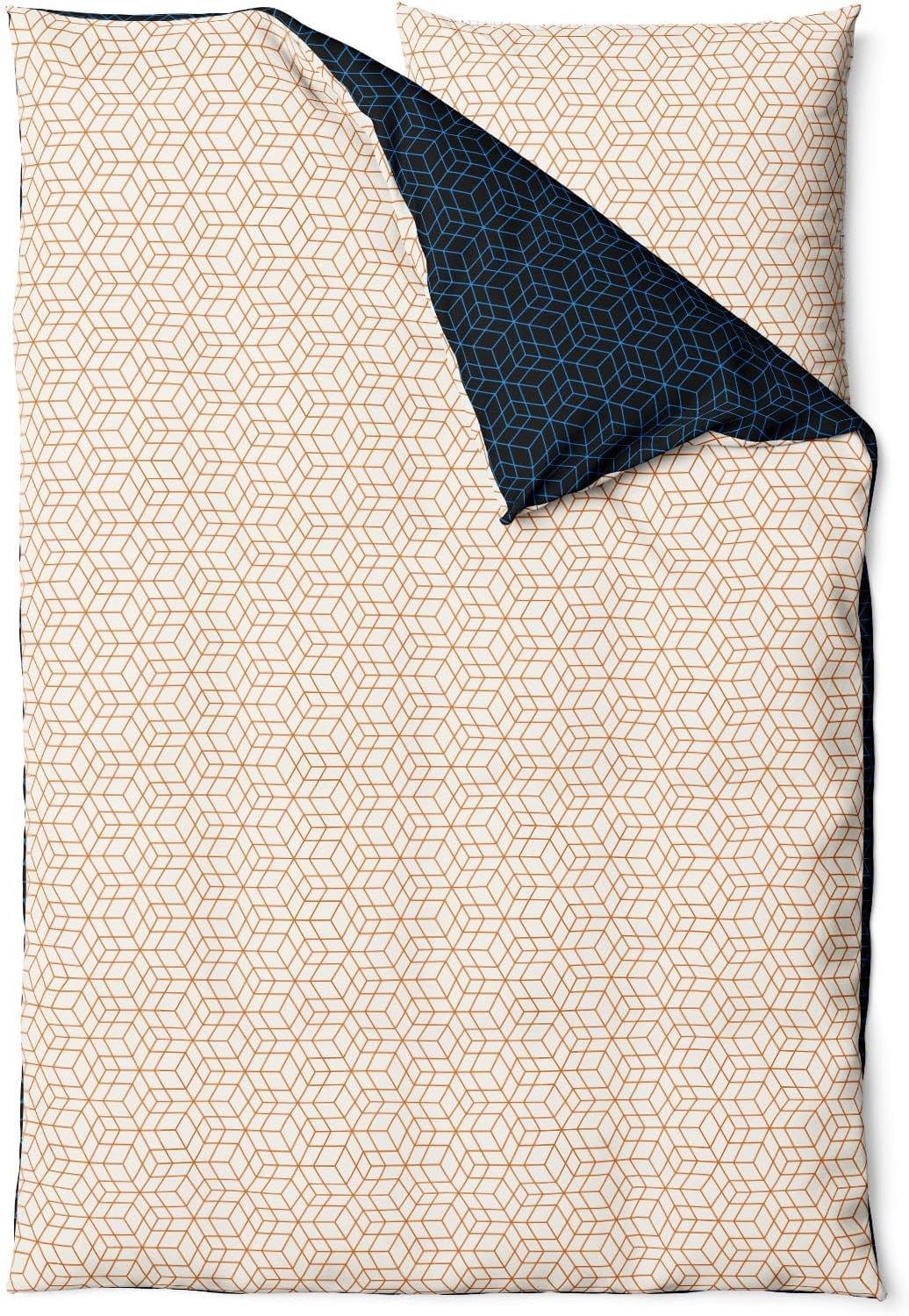 Sinus Art Mikrofaser Bettwäsche 135x200 cm + 80x80 cm – Wendedesign in Dunkelblau & Beige mit 3D-Würfelmuster, pflegeleicht & allergikerfreundlich