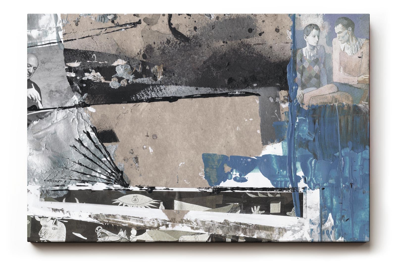 Sinus Art Wandbild 120x80cm Collage aus Porträts, Symbolen und grafischen Flächen in Blau, Grau und Beige