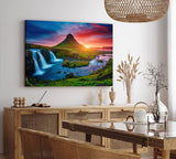 Paul Sinus Wandbild 120x80cm Island Landschaft Berg Wasserfall Grün Sonnenuntergang