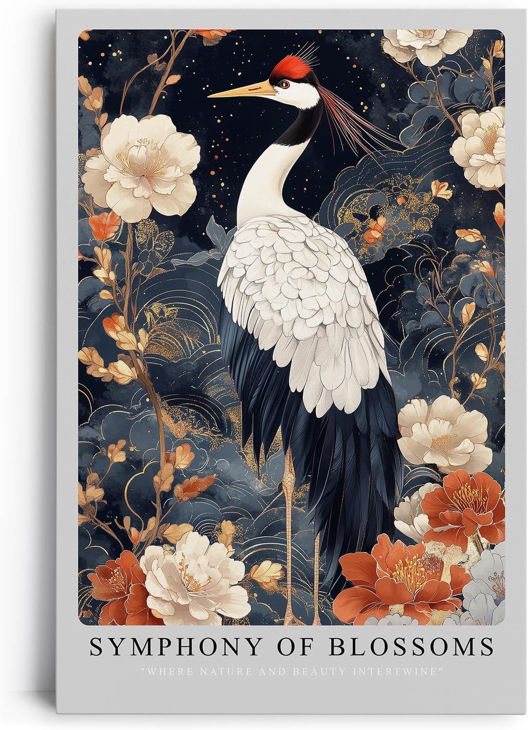 Paul Sinus Leinwandbild 80x120cm Leinwandbild Blütensymphonie – Eleganter Kranich umgeben von floralen Elementen, asiatische Kunst, luxuriöse Ästhetik
