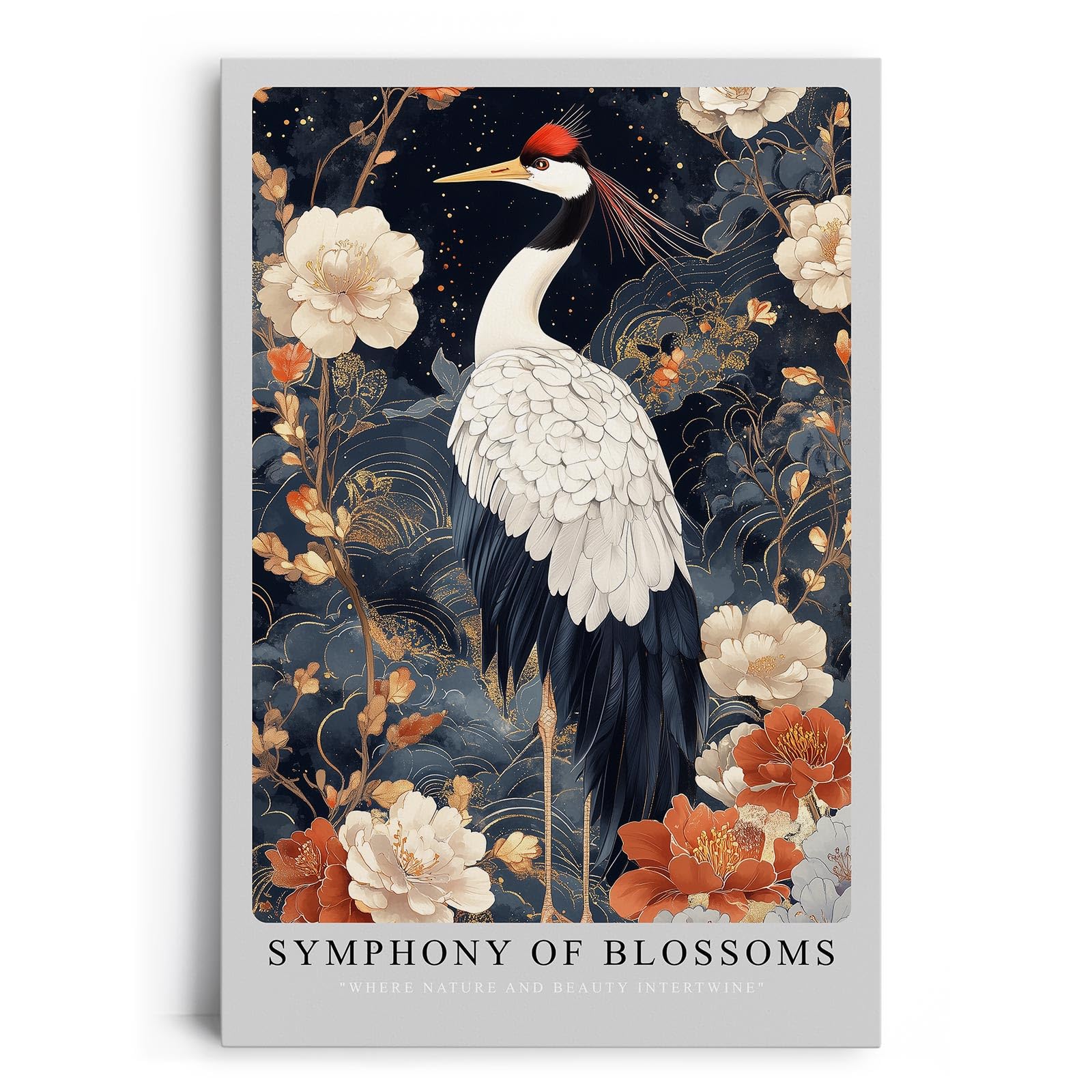 Paul Sinus Leinwandbild 80x120cm Leinwandbild Blütensymphonie – Eleganter Kranich umgeben von floralen Elementen, asiatische Kunst, luxuriöse Ästhetik