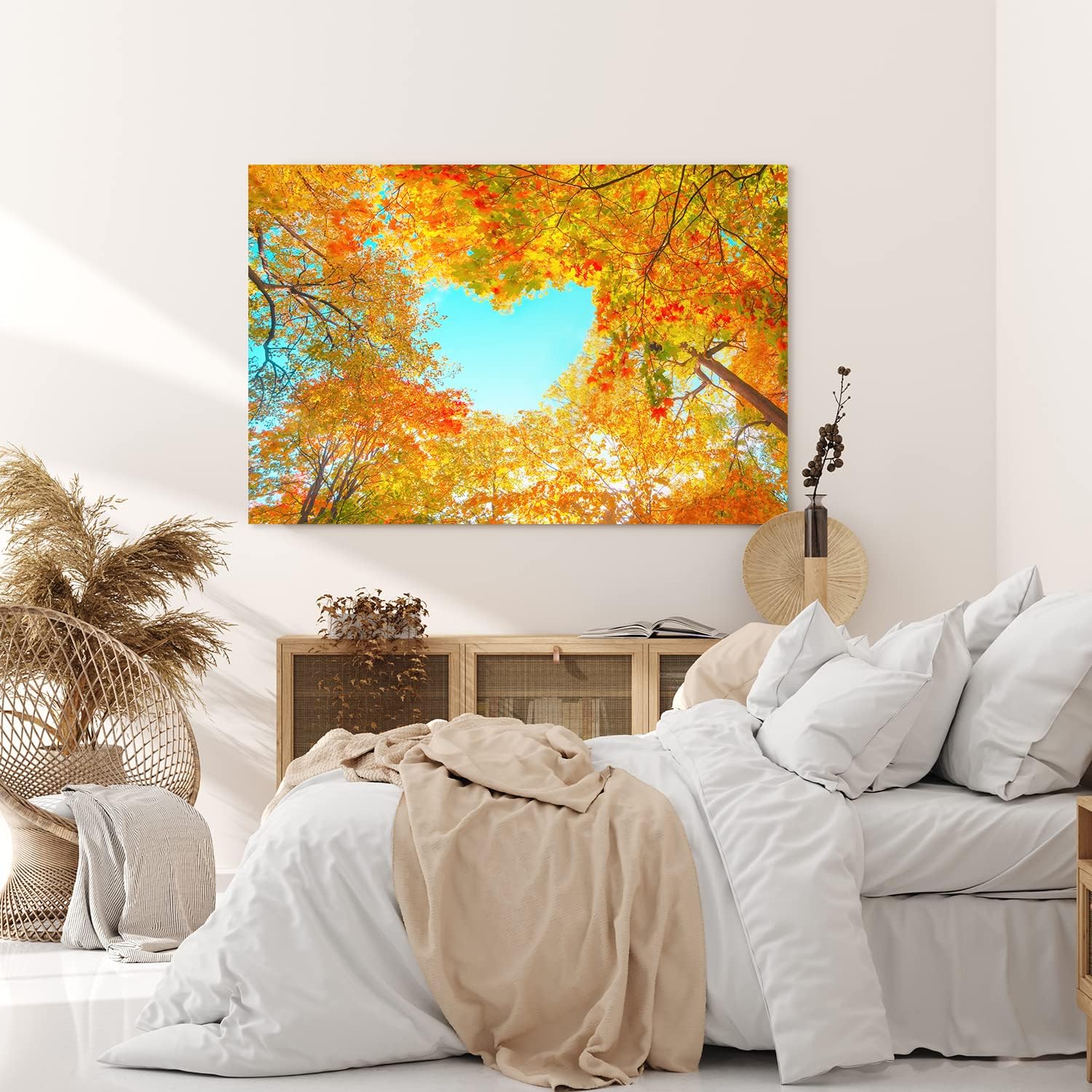 Paul Sinus Wandbild 120x80cm Baumkrone in Herzform Herbstblätter Herbst blauer Himmel