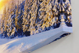 Sinus Art Wandbild 120x80cm Schneebedeckter Nadelwald im Morgenlicht – intensiv, leuchtend und ruhig zugleich