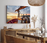 Paul Sinus Wandbild 120x80cm Segelboot Segelschiff Holzsteuerrad Meer Sonnenuntergang