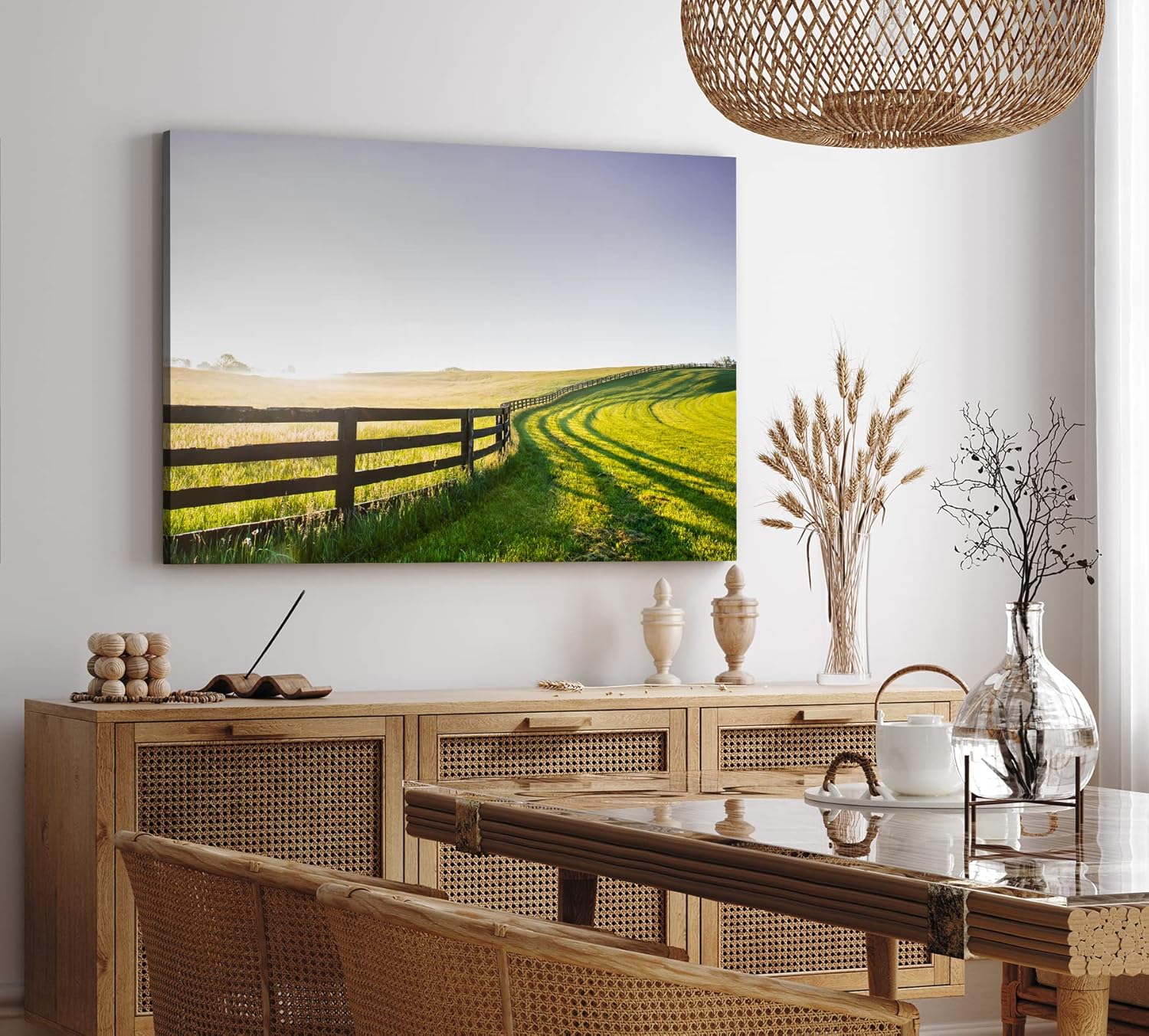 Paul Sinus Wandbild 120x80cm Wiese Felder Grün Landschaft Sonnenschein Holzzaun