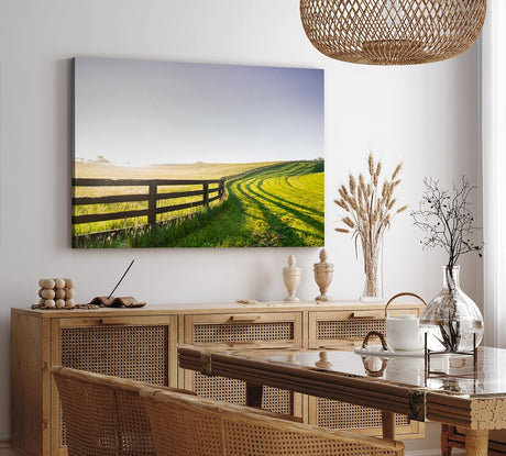 Paul Sinus Wandbild 120x80cm Wiese Felder Grün Landschaft Sonnenschein Holzzaun