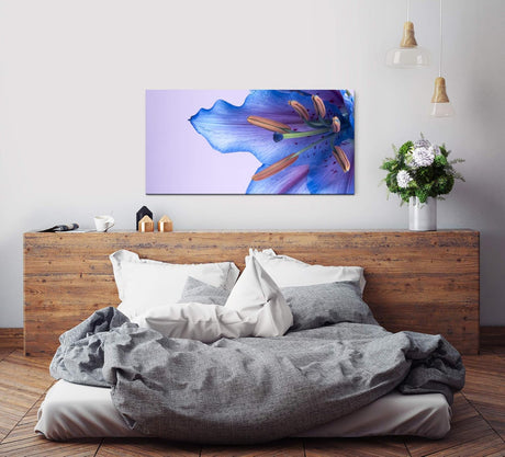 blaue Blumenblüte ca. 130x70cm Wandbild inklusive Schattenfugenrahmen schwarz - Panorama Leinwand Bild XXL Format Wandbilder Wohnzimmer Wohnung Deko Kunstdrucke